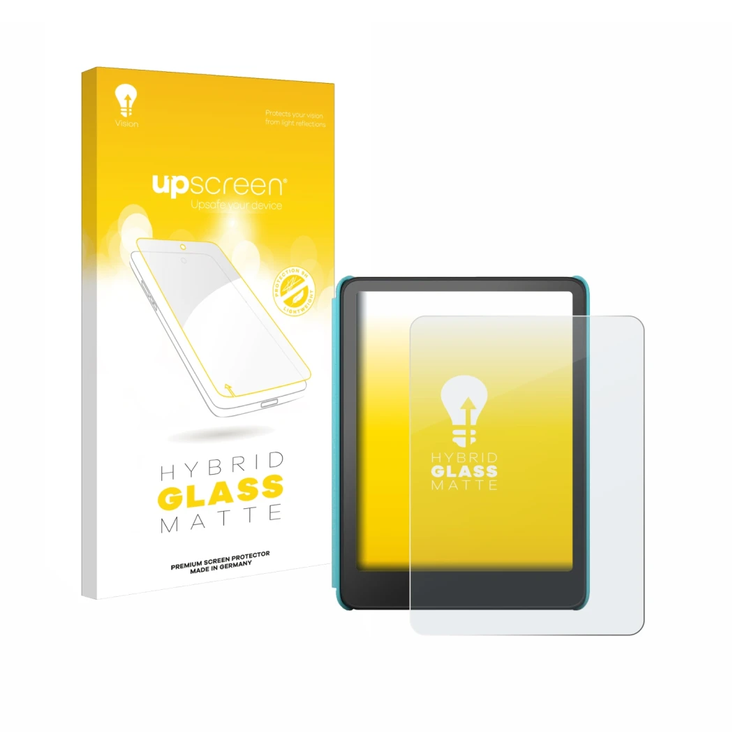 Face avant d’un emballage produit avec le logo de la marque upscreen. À côté, l’appareil Amazon Kindle Colorsoft Kids est repr