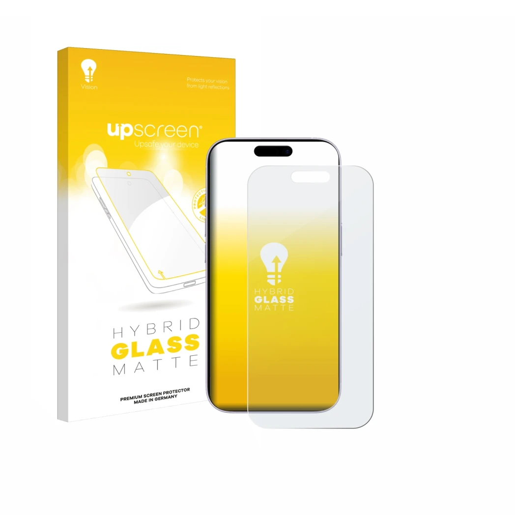 Face avant d’un emballage produit avec le logo de la marque upscreen. À côté, l’appareil Apple iPhone 17 est représenté avec l