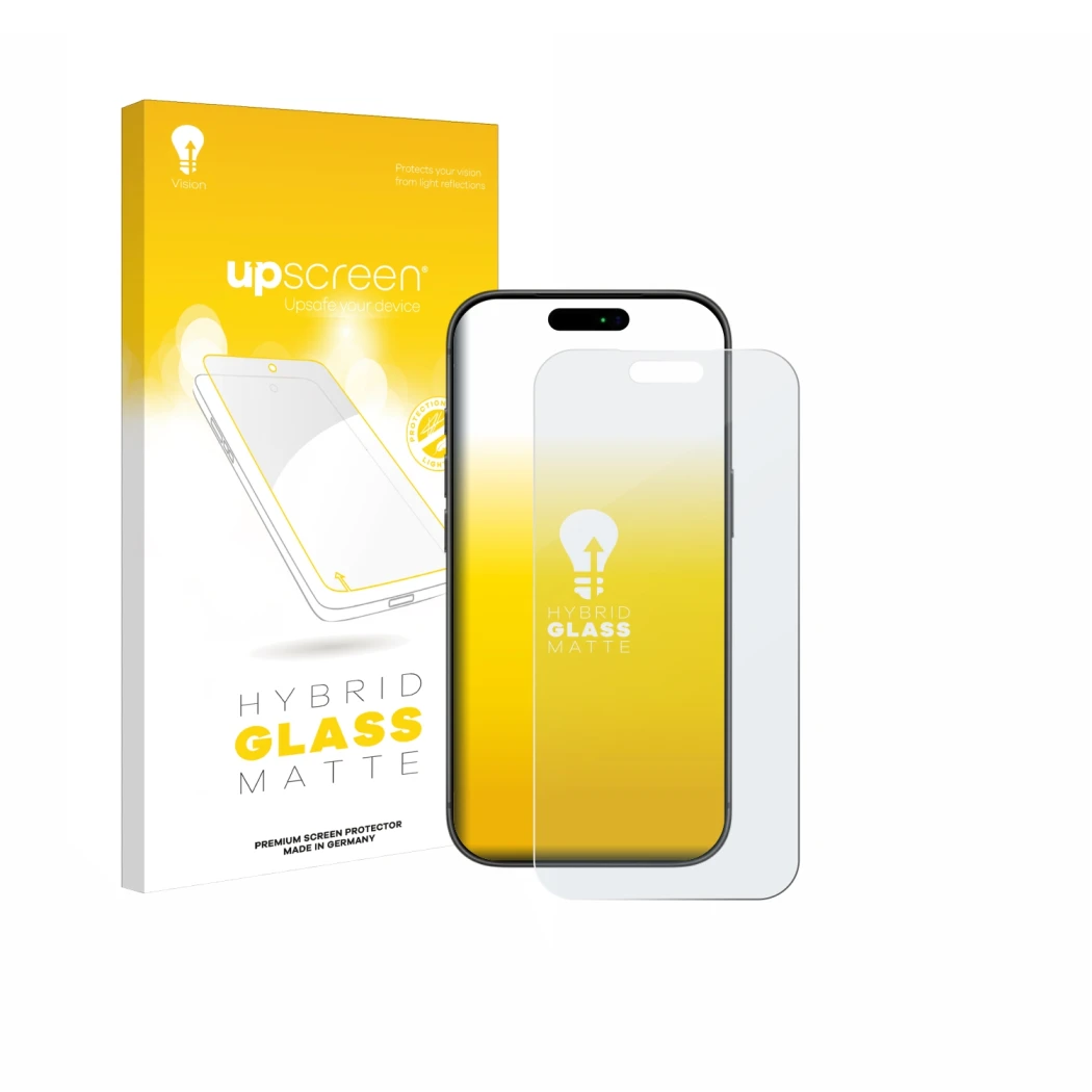 Face avant d’un emballage produit avec le logo de la marque upscreen. À côté, l’appareil Apple iPhone 17 Pro Max est représent