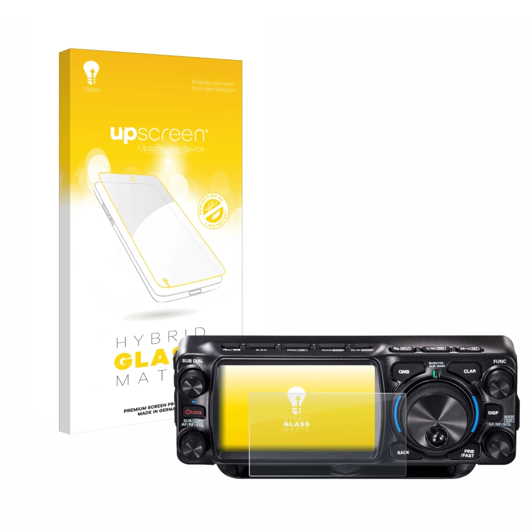 Face avant d’un emballage produit avec le logo de la marque upscreen. À côté, l’appareil Yaesu FTX-1 est représenté avec la pr