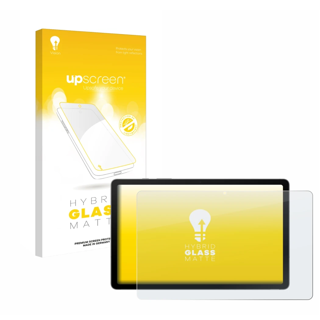 Face avant d’un emballage produit avec le logo de la marque upscreen. À côté, l’appareil Samsung Galaxy Tab S10 Lite est repré