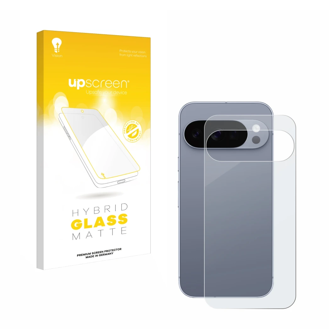 Face avant d’un emballage produit avec le logo de la marque upscreen. À côté, l’appareil Google Pixel 10 Pro (Arrière) est rep