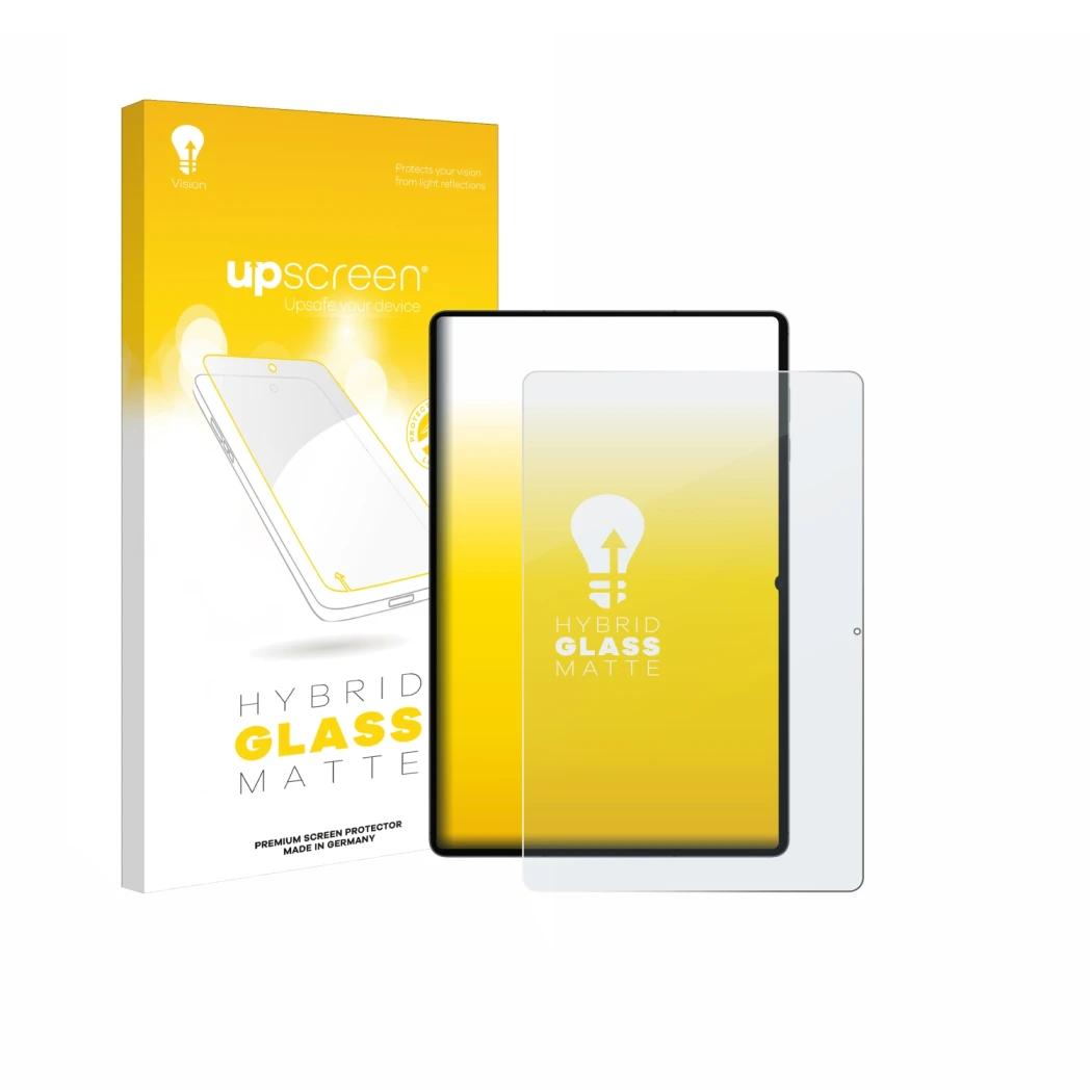 Face avant d’un emballage produit avec le logo de la marque upscreen. À côté, l’appareil Samsung Galaxy Tab S11 Ultra (portrai