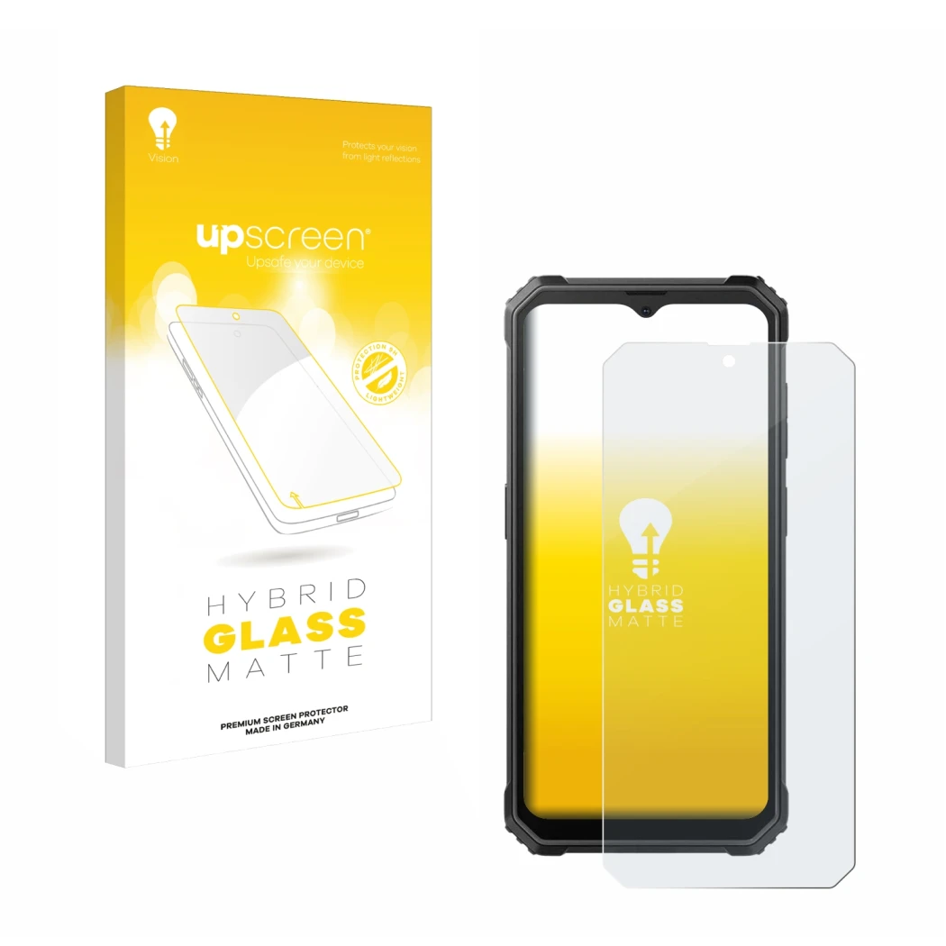 Face avant d’un emballage produit avec le logo de la marque upscreen. À côté, l’appareil Blackview BV4800 est représenté avec 