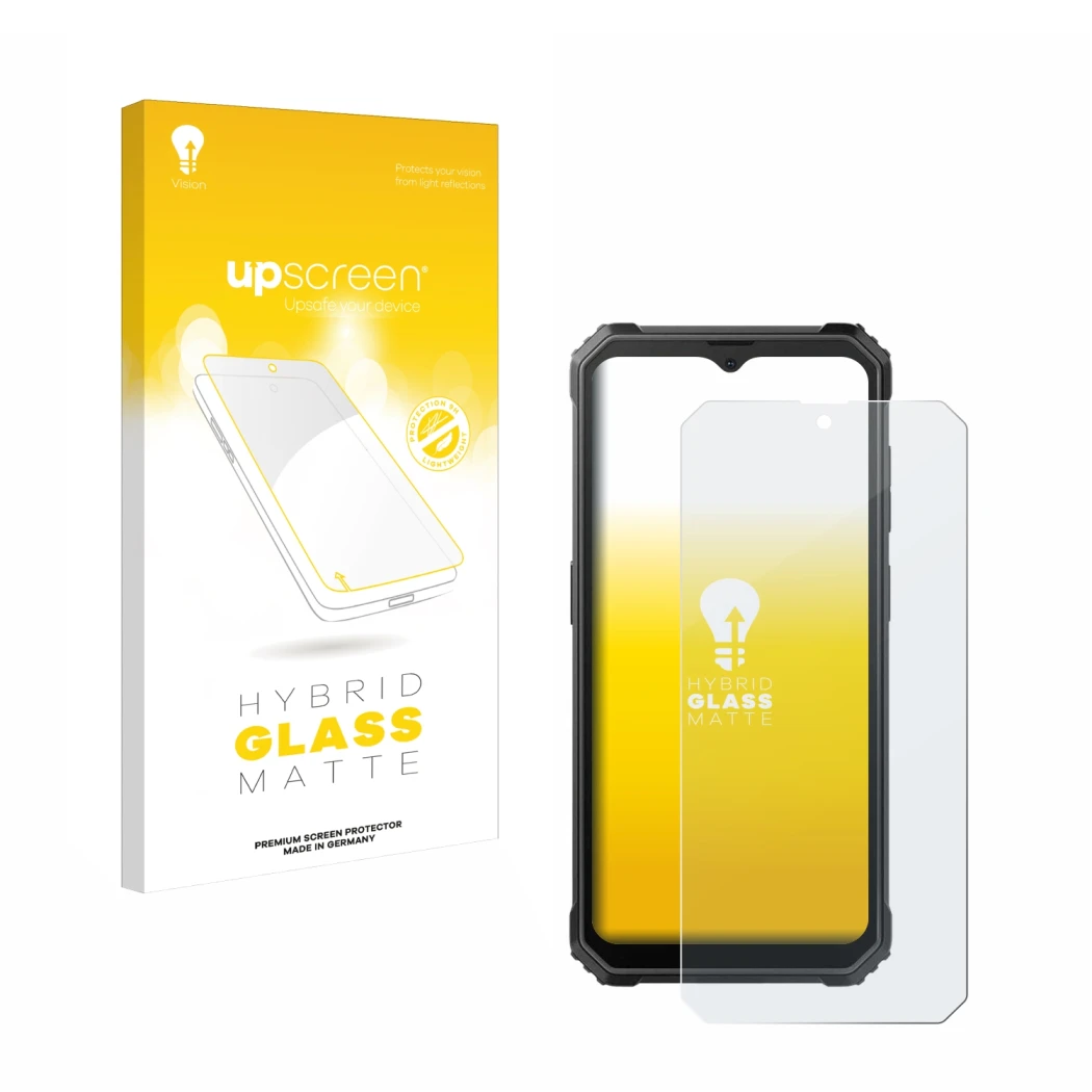 Face avant d’un emballage produit avec le logo de la marque upscreen. À côté, l’appareil Blackview BV4800 SE est représenté av