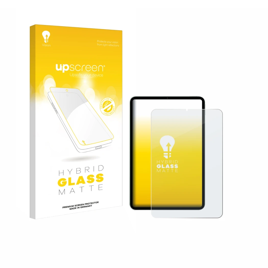 Face avant d’un emballage produit avec le logo de la marque upscreen. À côté, l’appareil Xiaomi Pad Mini est représenté avec l