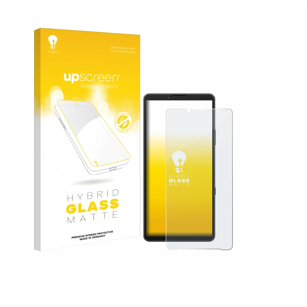 Face avant d’un emballage produit avec le logo de la marque upscreen. À côté, l’appareil Sony Xperia 10 VII est représenté ave