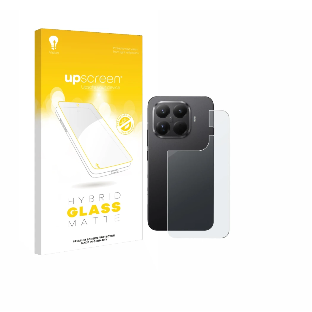 Face avant d’un emballage produit avec le logo de la marque upscreen. À côté, l’appareil Xiaomi 15T Pro (Arrière) est représen