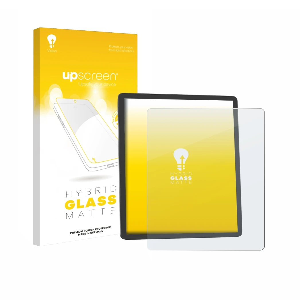 Face avant d’un emballage produit avec le logo de la marque upscreen. À côté, l’appareil Amazon Kindle Scribe 2025 est représe