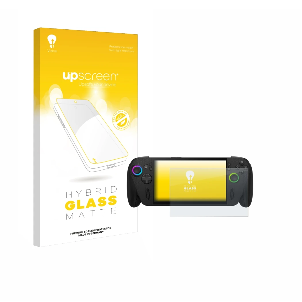 Face avant d’un emballage produit avec le logo de la marque upscreen. À côté, l’appareil ASUS ROG Ally X 2025 est représenté a