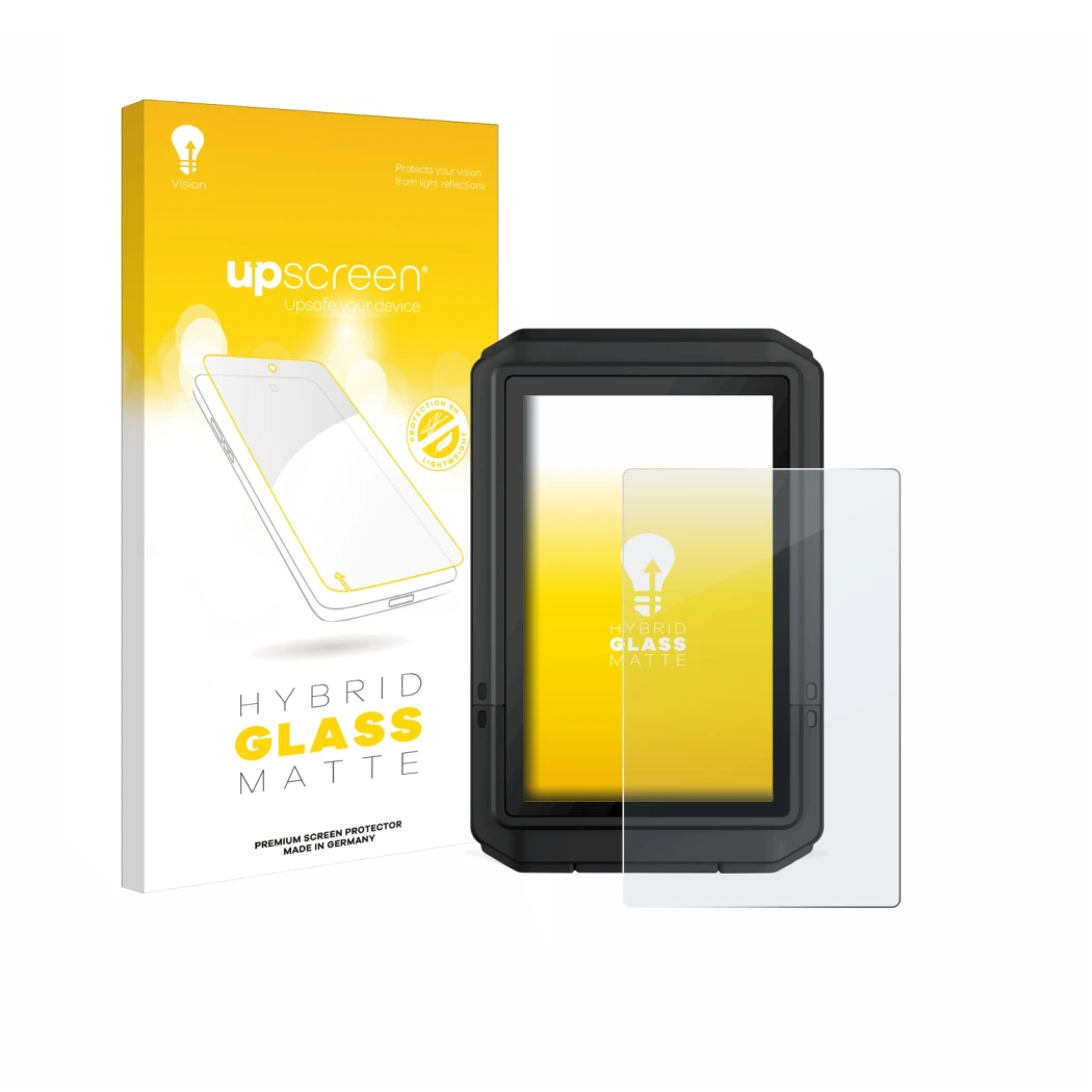 Face avant d’un emballage produit avec le logo de la marque upscreen. À côté, l’appareil Garmin eTrex Touch 2025 est représent