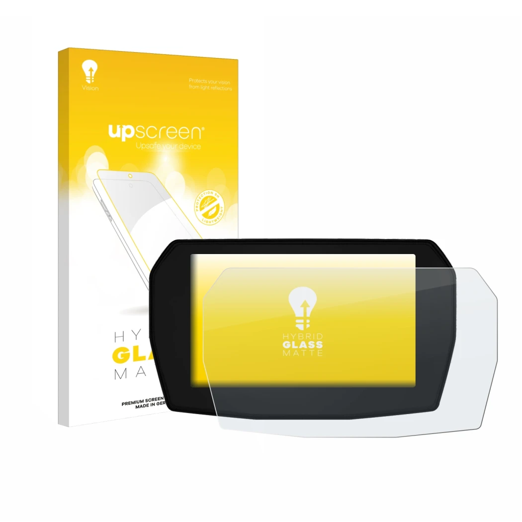 Face avant d’un emballage produit avec le logo de la marque upscreen. À côté, l’appareil Ducati Multistrada V2 2025 est représ