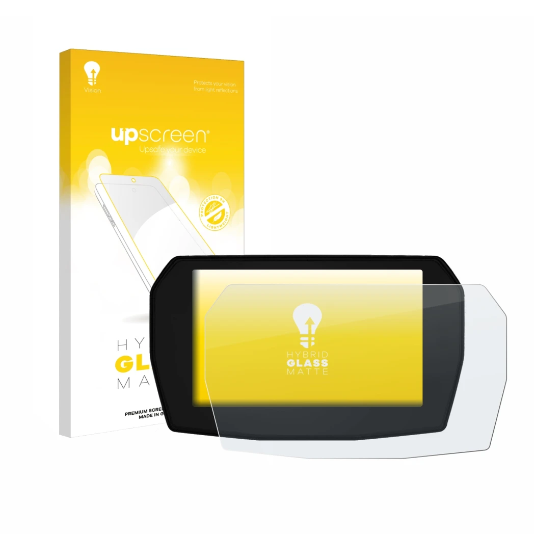 Face avant d’un emballage produit avec le logo de la marque upscreen. À côté, l’appareil Ducati Streetfighter V2 2025 est repr