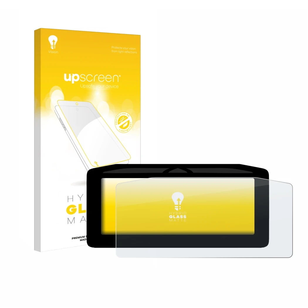 Face avant d’un emballage produit avec le logo de la marque upscreen. À côté, l’appareil Ducati XDiavel V4 2025 Affichage de l