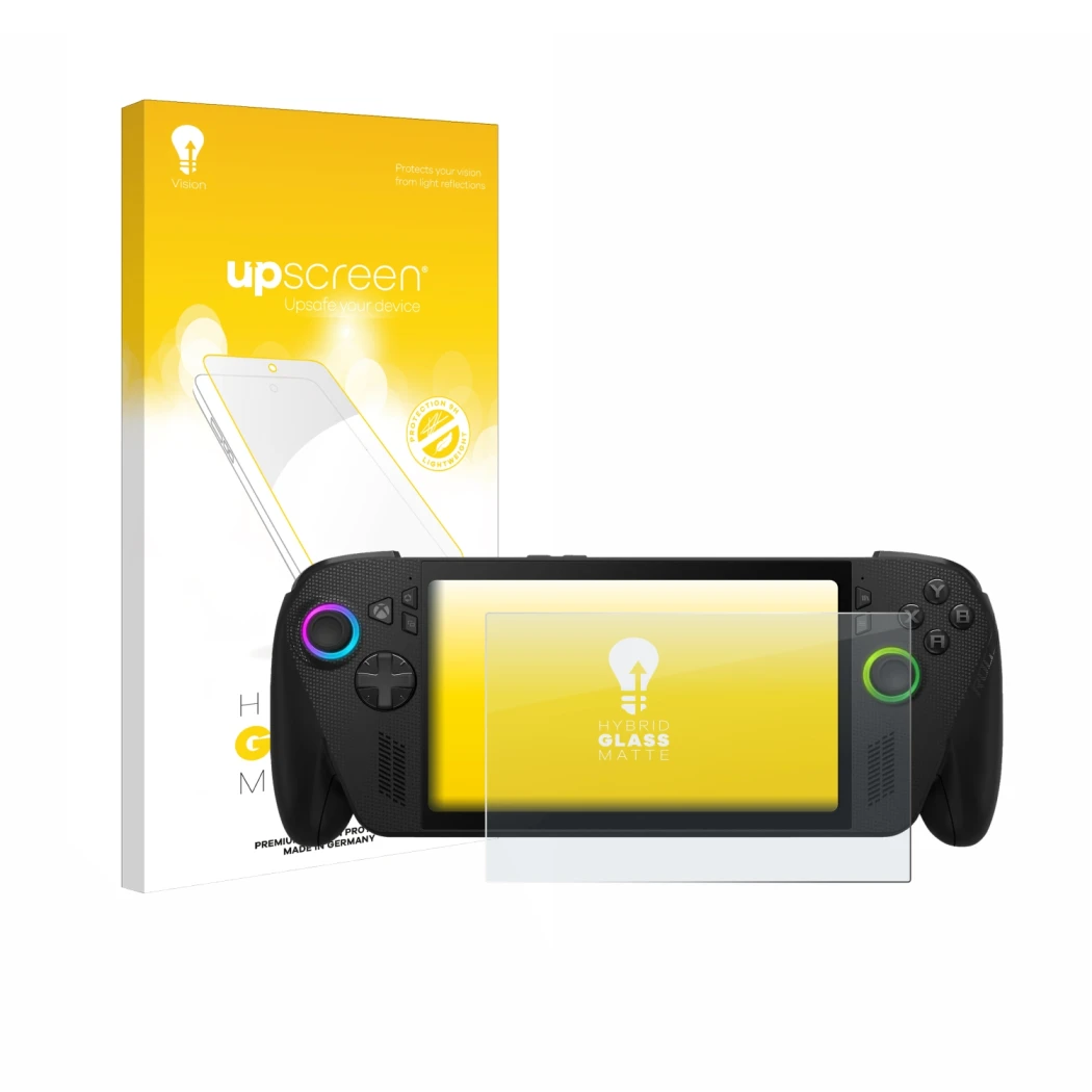 Face avant d’un emballage produit avec le logo de la marque upscreen. À côté, l’appareil ASUS ROG Xbox Ally X est représenté a