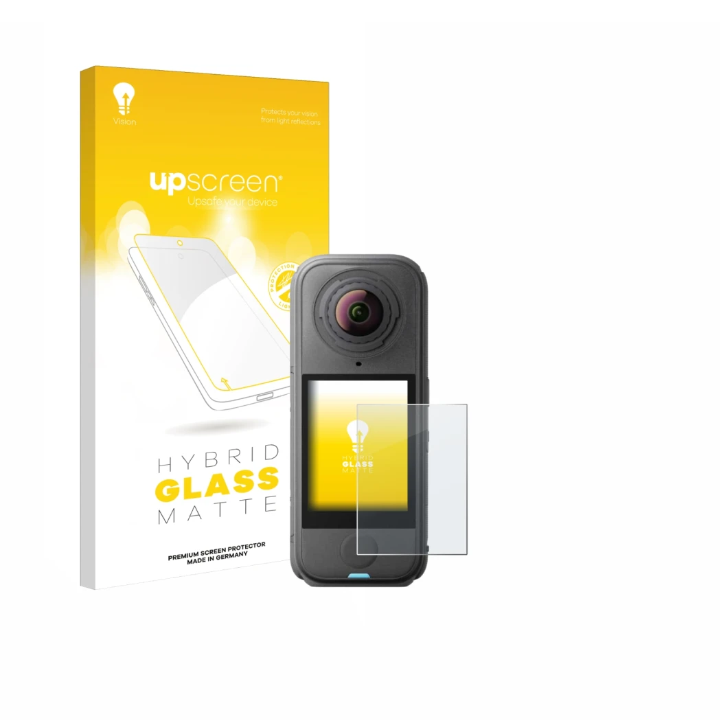 Face avant d’un emballage produit avec le logo de la marque upscreen. À côté, l’appareil Insta360 X4 Air est représenté avec l