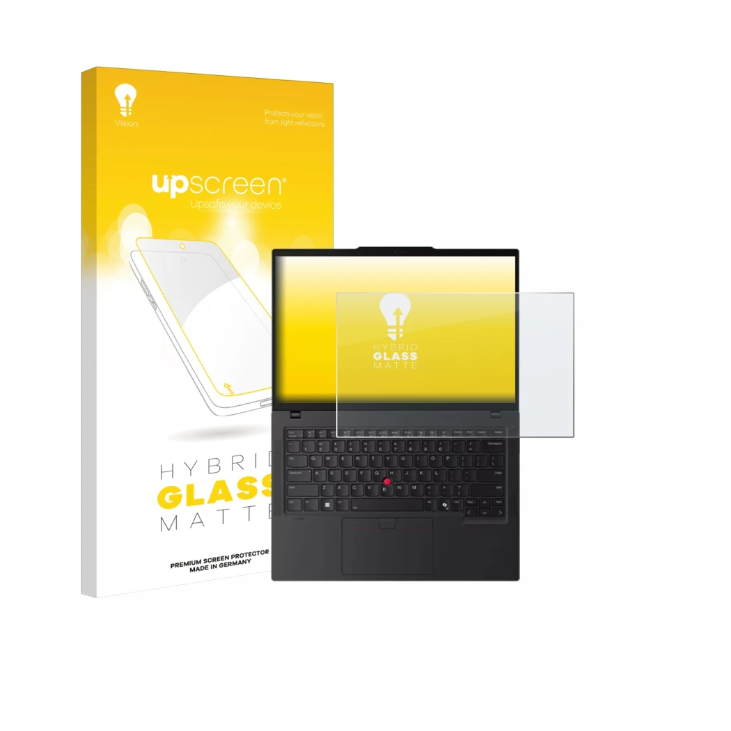 Face avant d’un emballage produit avec le logo de la marque upscreen. À côté, l’appareil Lenovo ThinkPad P14s Gen 6 14.5