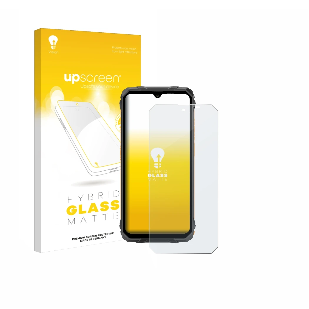 Face avant d’un emballage produit avec le logo de la marque upscreen. À côté, l’appareil Blackview Fort 1 est représenté avec 