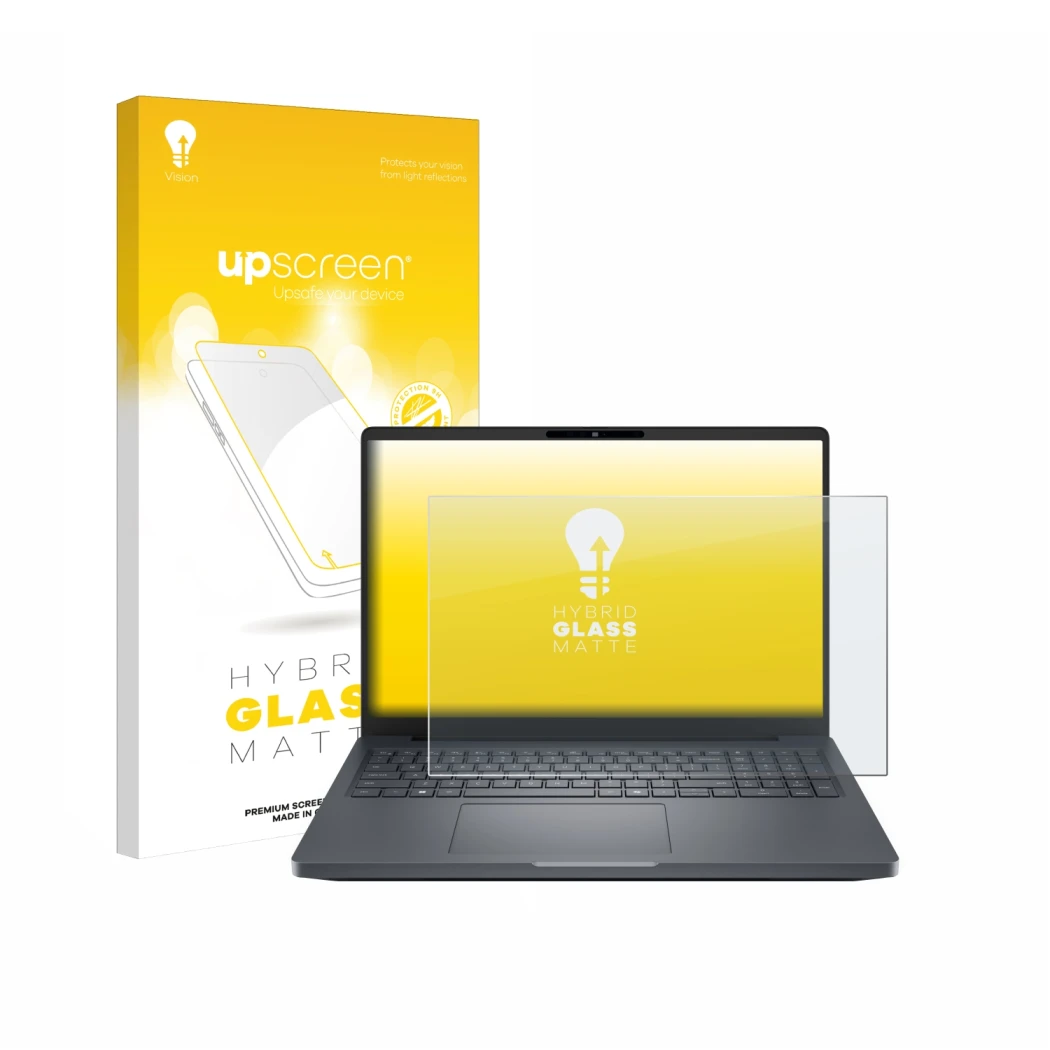 Face avant d’un emballage produit avec le logo de la marque upscreen. À côté, l’appareil Dell Pro Max 16 Plus est représenté a