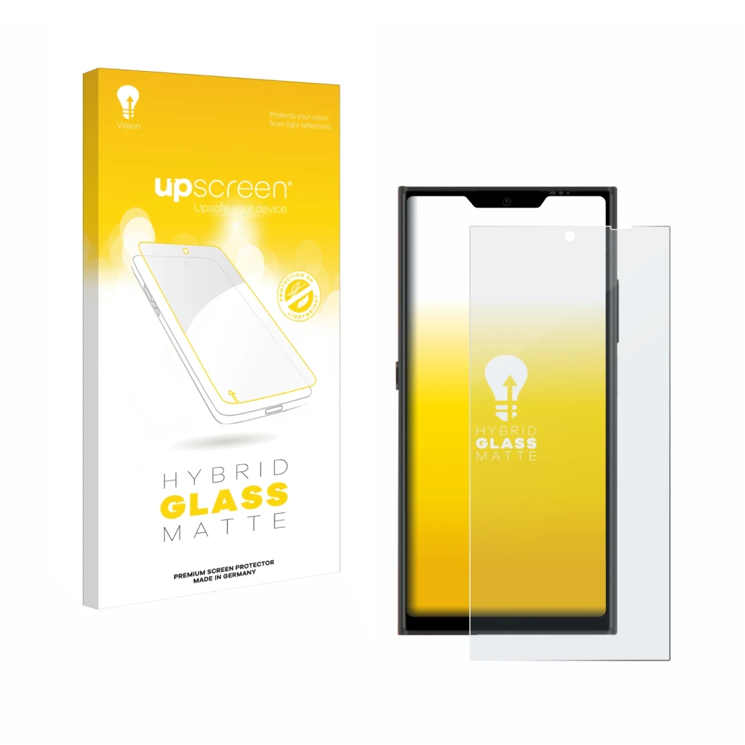 Face avant d’un emballage produit avec le logo de la marque upscreen. À côté, l’appareil Jolla Phone est représenté avec la pr