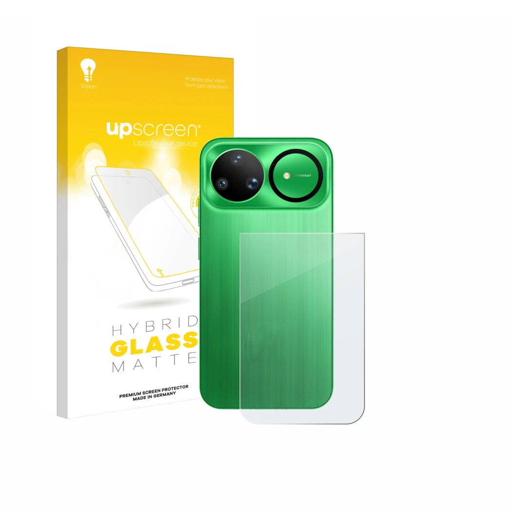 Face avant d’un emballage produit avec le logo de la marque upscreen. À côté, l’appareil Huawei Nova 15 Ultra (Arrière) est re