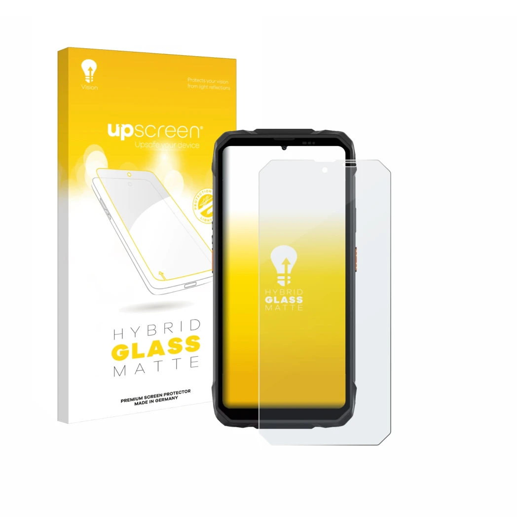 Face avant d’un emballage produit avec le logo de la marque upscreen. À côté, l’appareil Blackview Rock 1 est représenté avec 