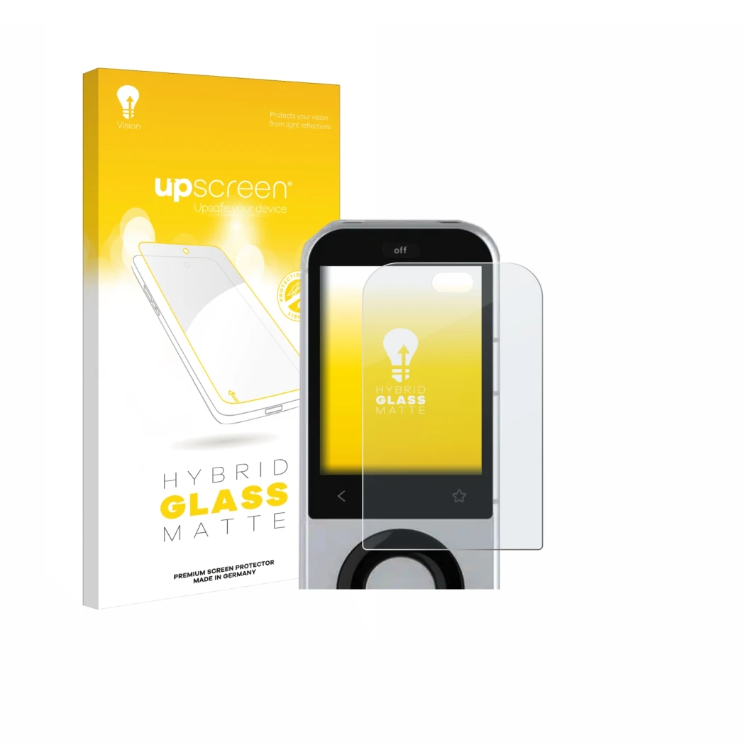 Face avant d’un emballage produit avec le logo de la marque upscreen. À côté, l’appareil Sofabaton X2 est représenté avec la p