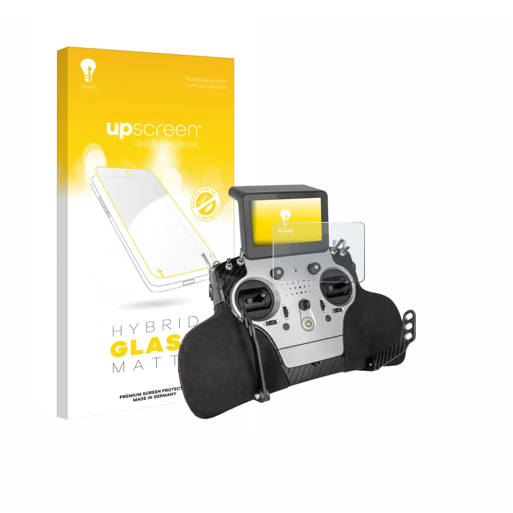 Face avant d’un emballage produit avec le logo de la marque upscreen. À côté, l’appareil PowerBox Systems Core est représenté 