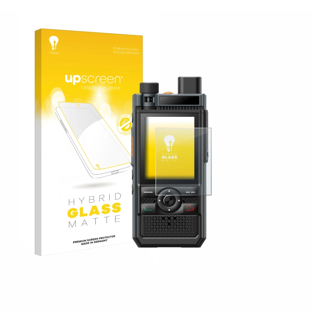 Face avant d’un emballage produit avec le logo de la marque upscreen. À côté, l’appareil Hytera P50 Pro est représenté avec la