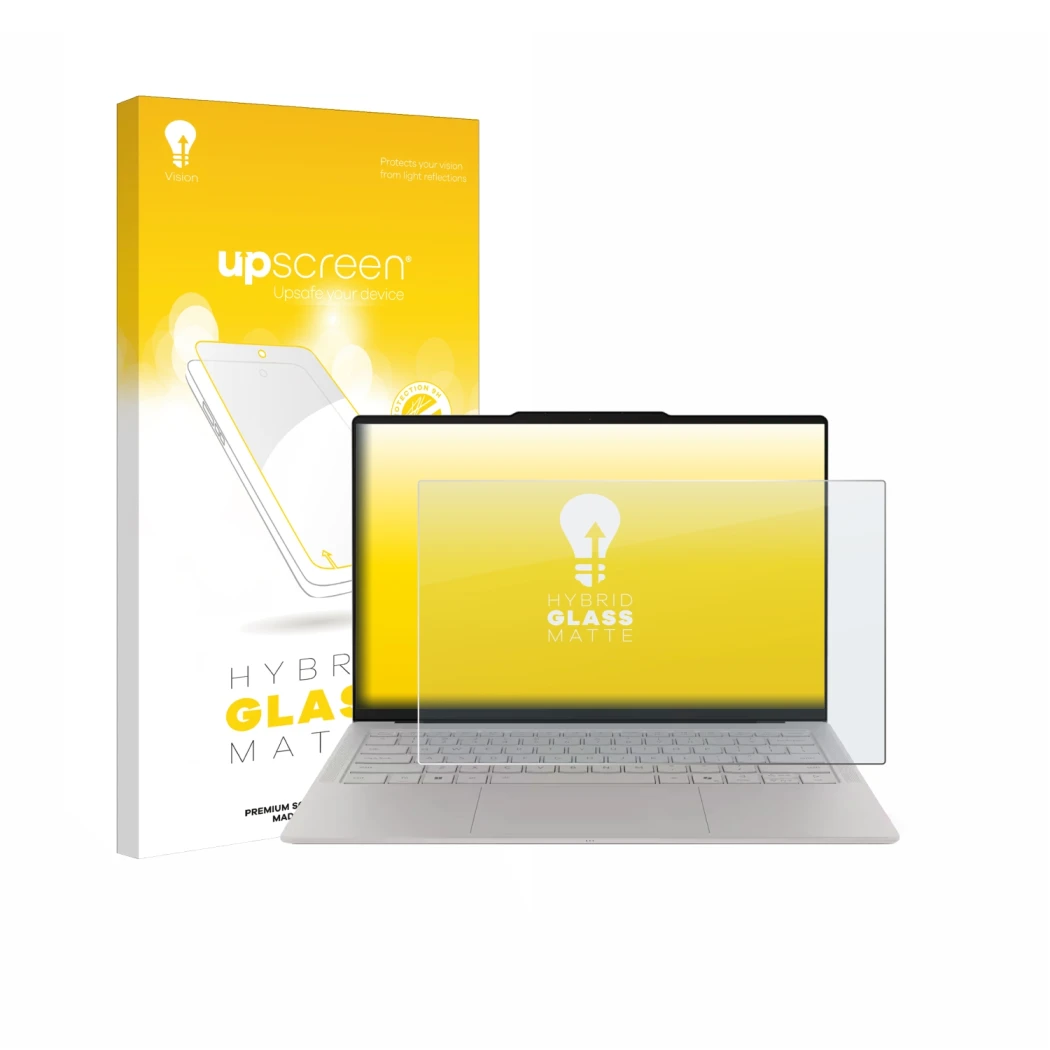 Face avant d’un emballage produit avec le logo de la marque upscreen. À côté, l’appareil Lenovo Yoga Slim 7i Ultra Gen 11 Aura