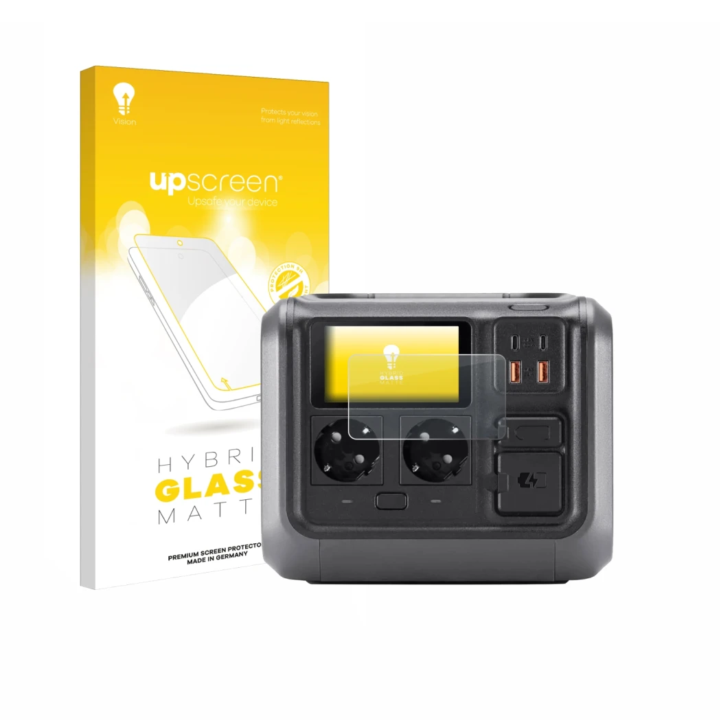 Face avant d’un emballage produit avec le logo de la marque upscreen. À côté, l’appareil DJI Power 500 est représenté avec la 