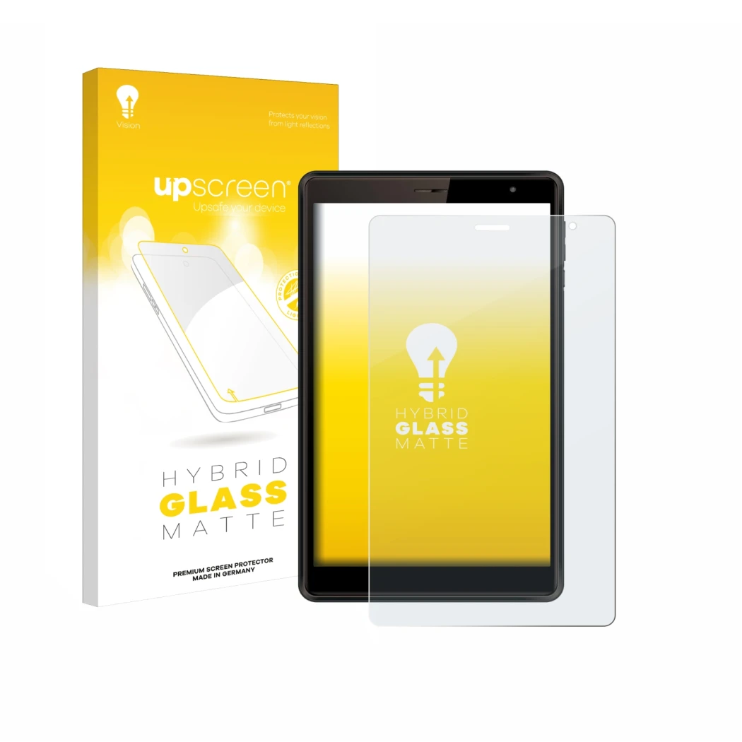 Face avant d’un emballage produit avec le logo de la marque upscreen. À côté, l’appareil Logicom Tab 80 8