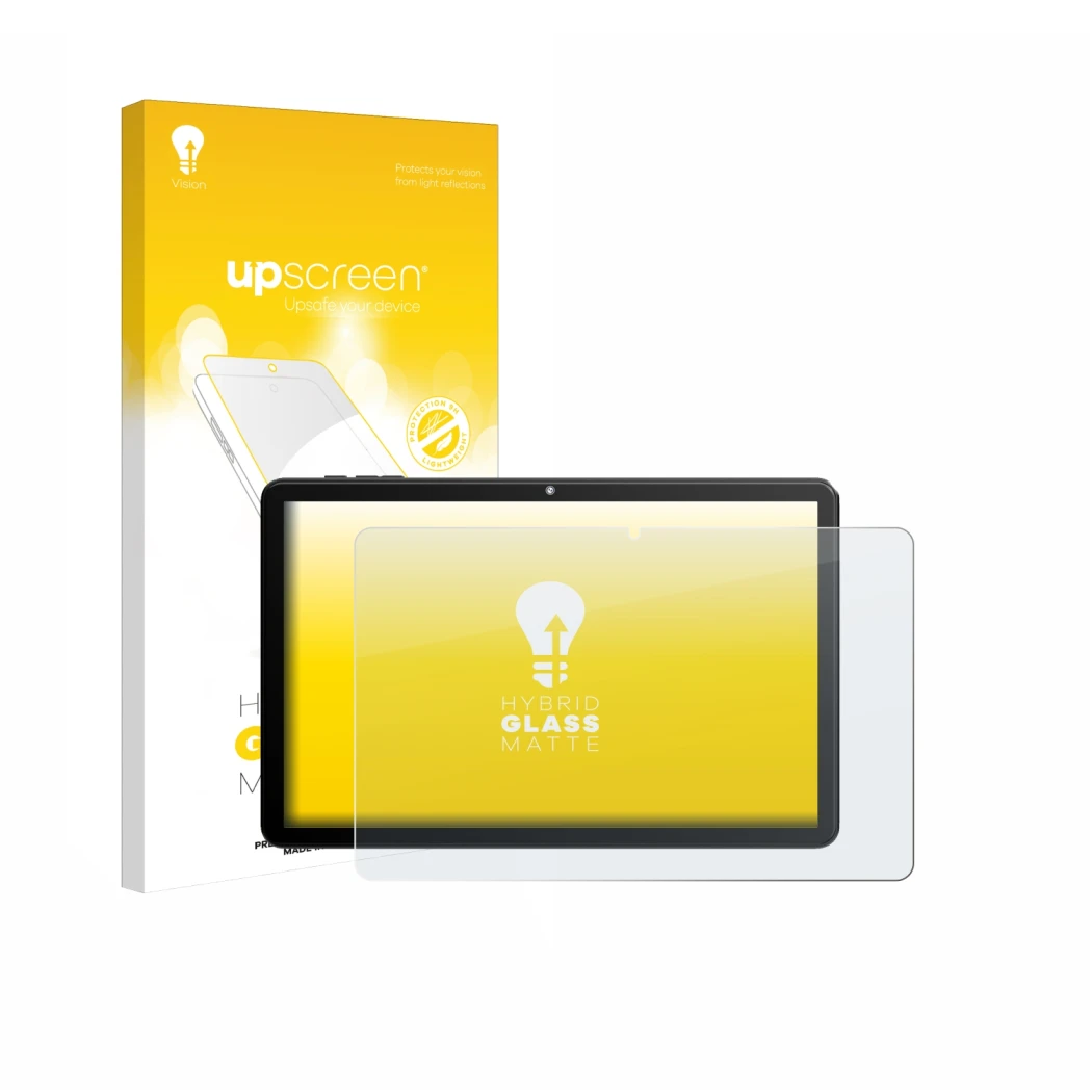 Face avant d’un emballage produit avec le logo de la marque upscreen. À côté, l’appareil Rebecco Z50 10.1