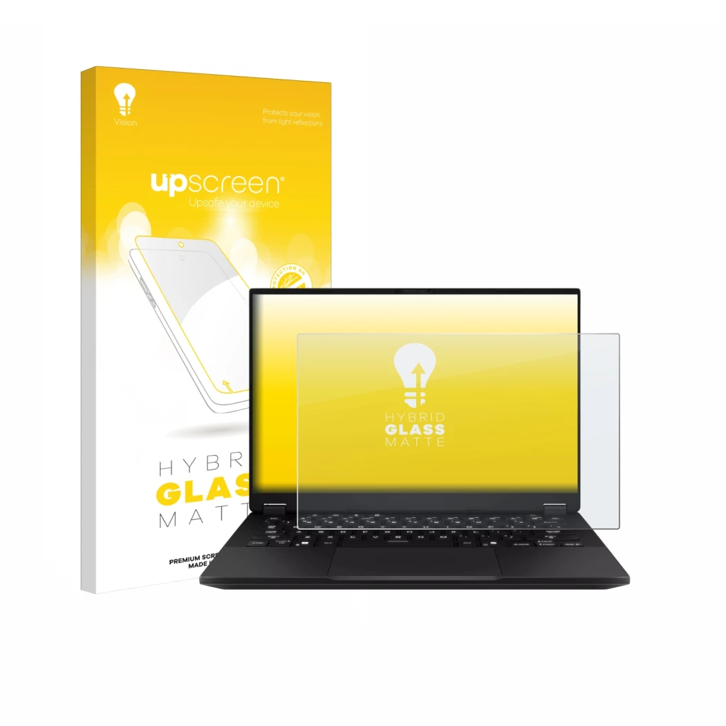 Face avant d’un emballage produit avec le logo de la marque upscreen. À côté, l’appareil ASUS TUF Gaming A14 est représenté av