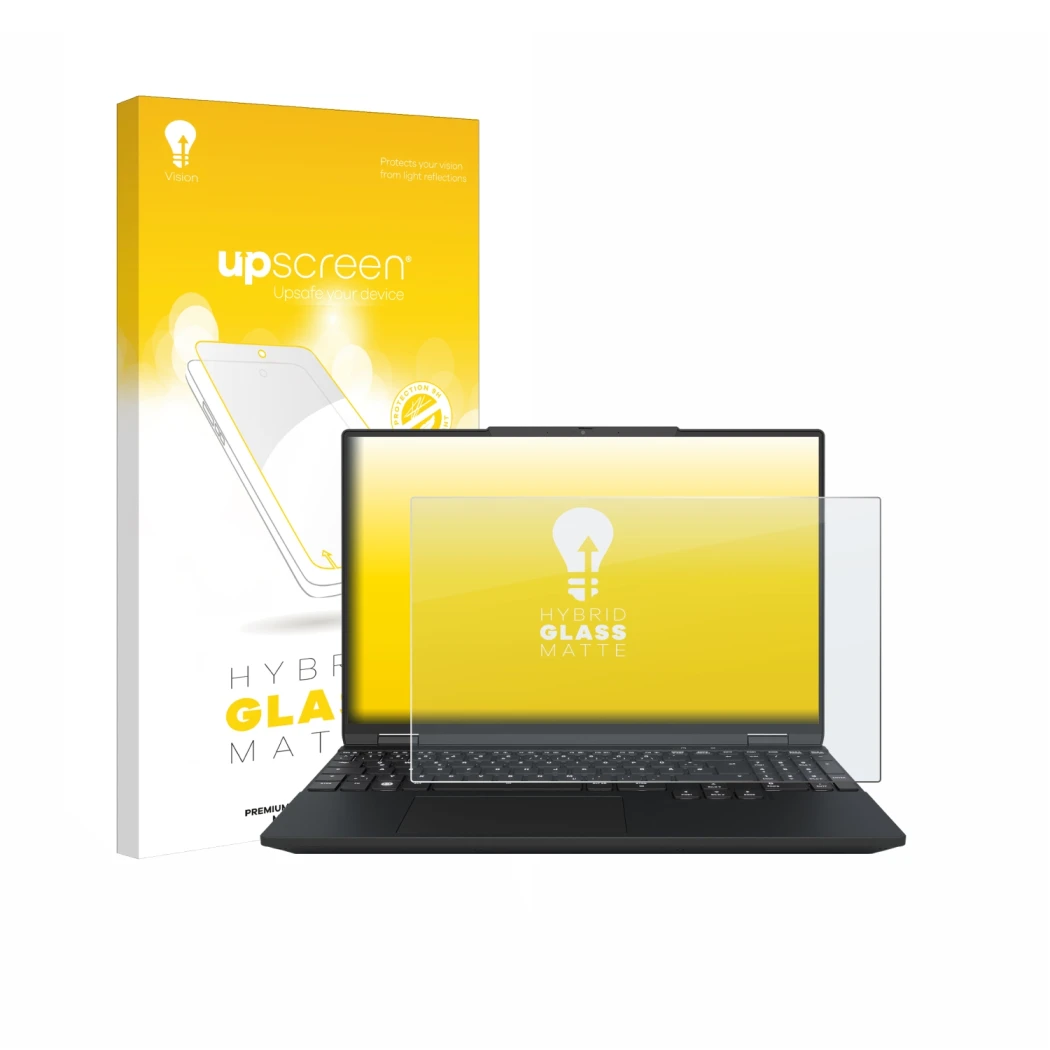 Face avant d’un emballage produit avec le logo de la marque upscreen. À côté, l’appareil Tuxedo InfinityBook Max 15 Gen 10 est