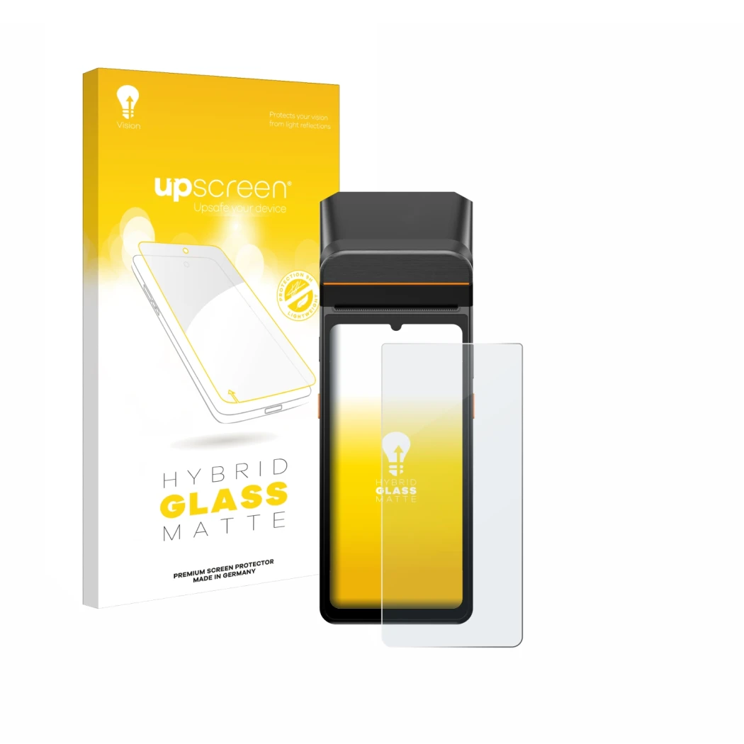 Face avant d’un emballage produit avec le logo de la marque upscreen. À côté, l’appareil Sunmi V3 A13 est représenté avec la p