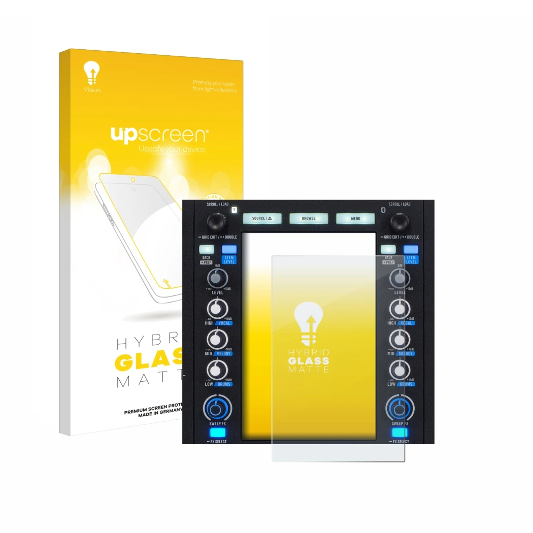 Face avant d’un emballage produit avec le logo de la marque upscreen. À côté, l’appareil Rane System One est représenté avec l