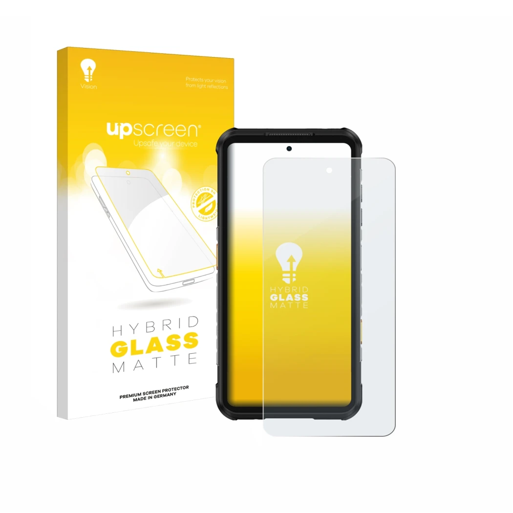 Face avant d’un emballage produit avec le logo de la marque upscreen. À côté, l’appareil Ulefone RugOne Xever 7 Pro est représ