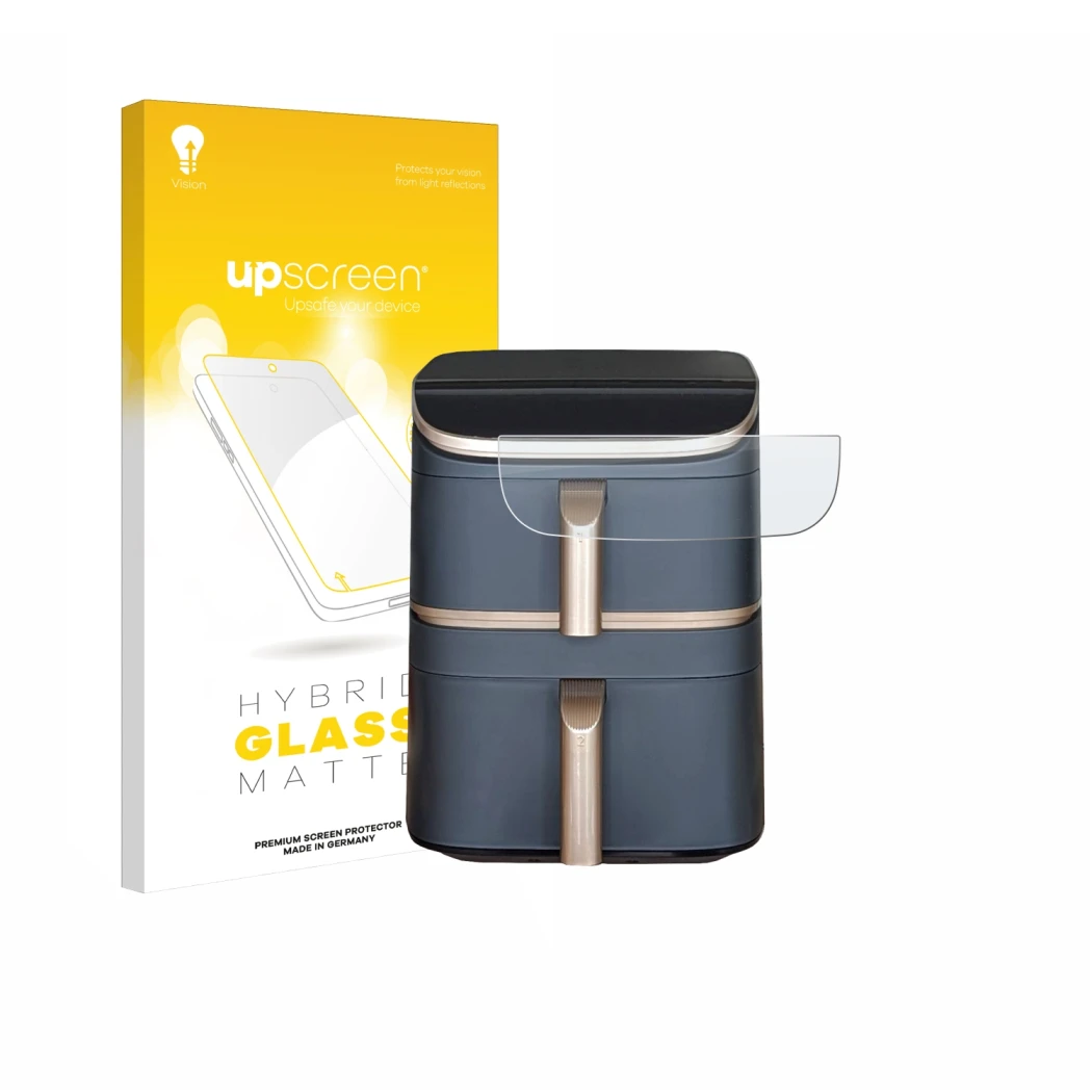 Face avant d’un emballage produit avec le logo de la marque upscreen. À côté, l’appareil Cosori Turbo Tower Pro est représenté