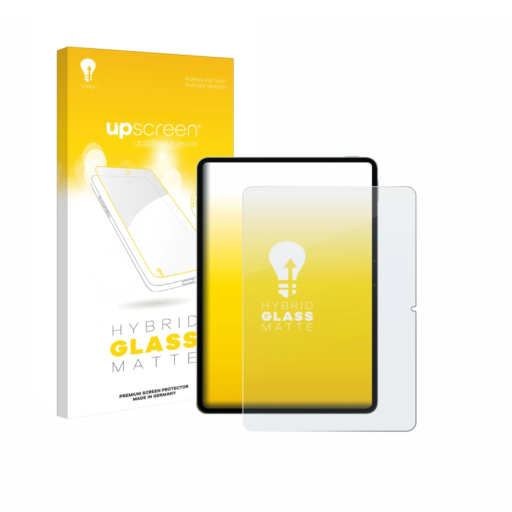 Face avant d’un emballage produit avec le logo de la marque upscreen. À côté, l’appareil Xiaomi Pad 8 Pro est représenté avec 