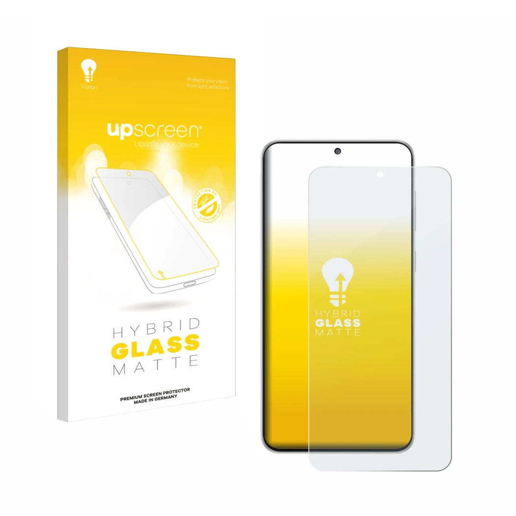 Face avant d’un emballage produit avec le logo de la marque upscreen. À côté, l’appareil Samsung Galaxy M56 est représenté ave