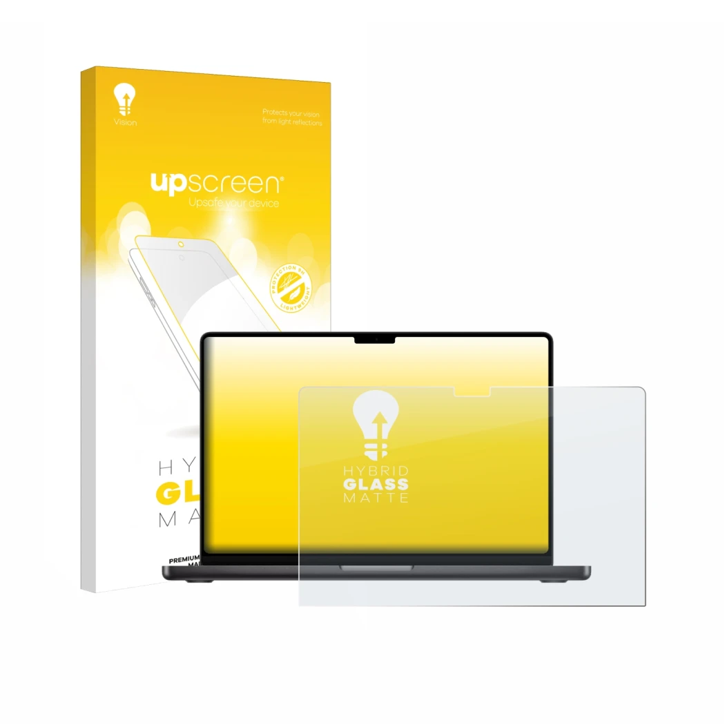 Face avant d’un emballage produit avec le logo de la marque upscreen. À côté, l’appareil Apple MacBook Pro 16