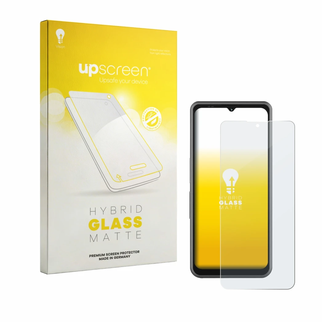 Face avant d’un emballage produit avec le logo de la marque upscreen. À côté, l’appareil Sonim XP Pro E est représenté avec la
