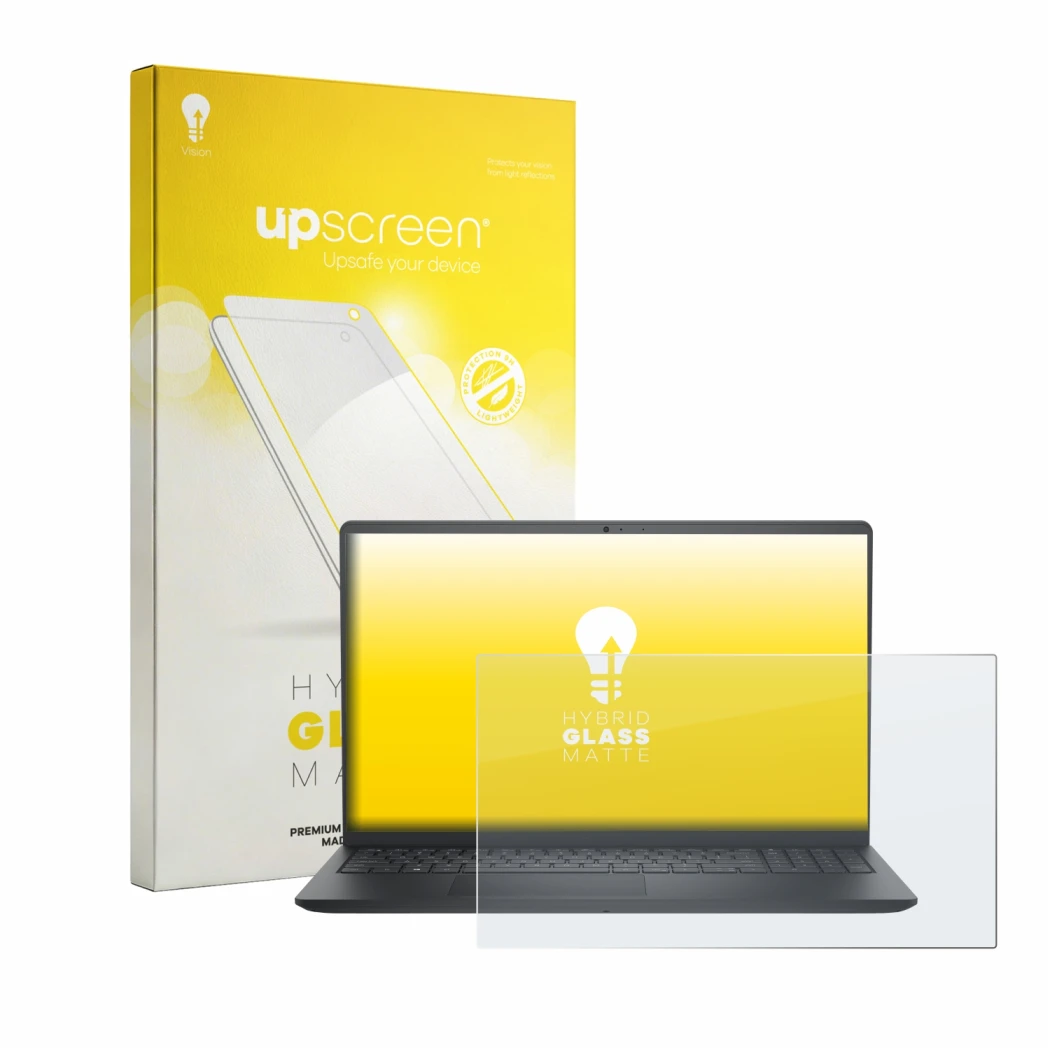 Face avant d’un emballage produit avec le logo de la marque upscreen. À côté, l’appareil Dell Pro 15 Essential PV15250 est rep