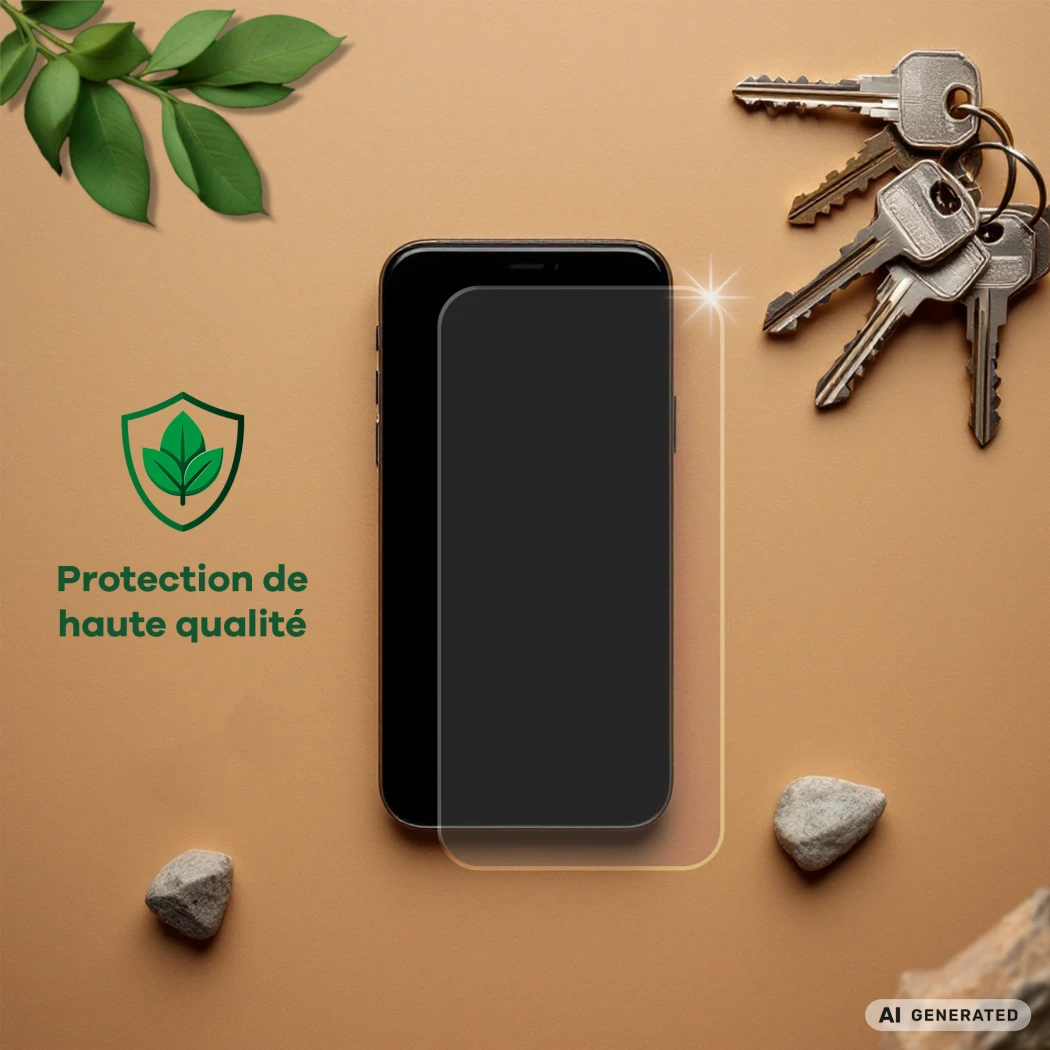 Appareil avec film protecteur, à côté des clés, des pierres, des feuilles et le texte 