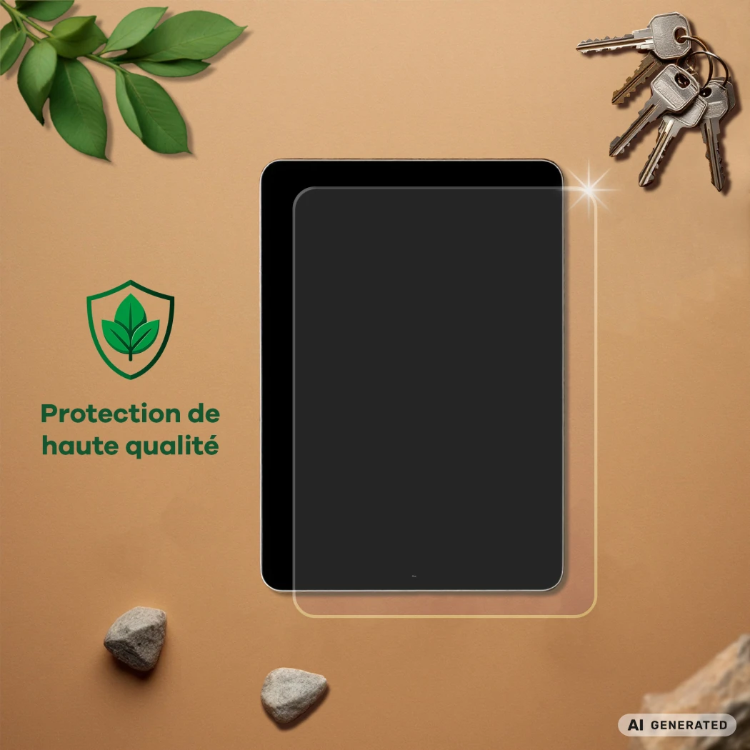 Appareil avec film protecteur, à côté des clés, des pierres, des feuilles et le texte 