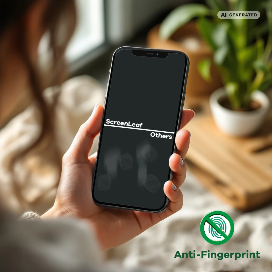 Smartphone avec deux films de protection, ScreenLeaf en haut et un autre en dessous. Les empreintes digitales sont clairement 