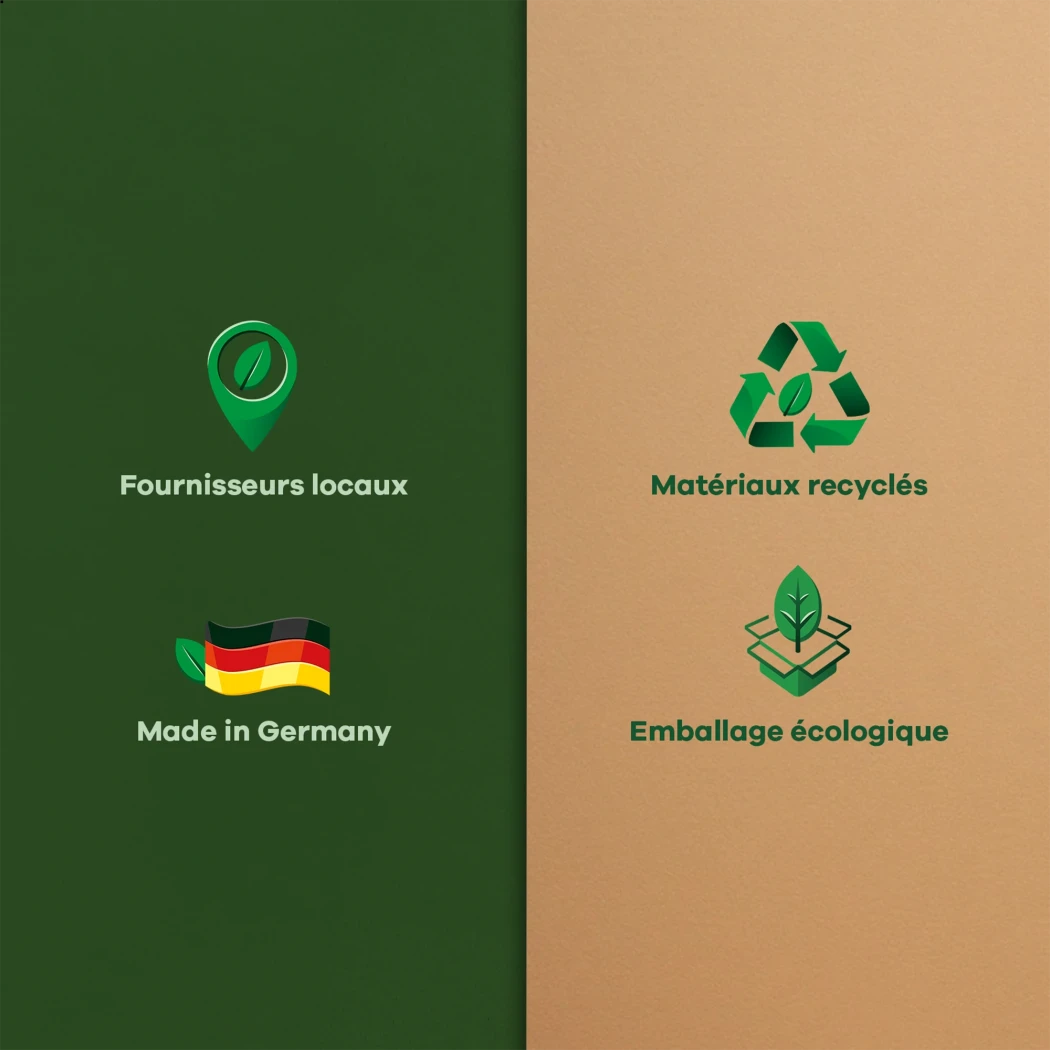 Inscriptions contenant les informations suivantes : fournisseurs régionaux, matériaux recyclés 