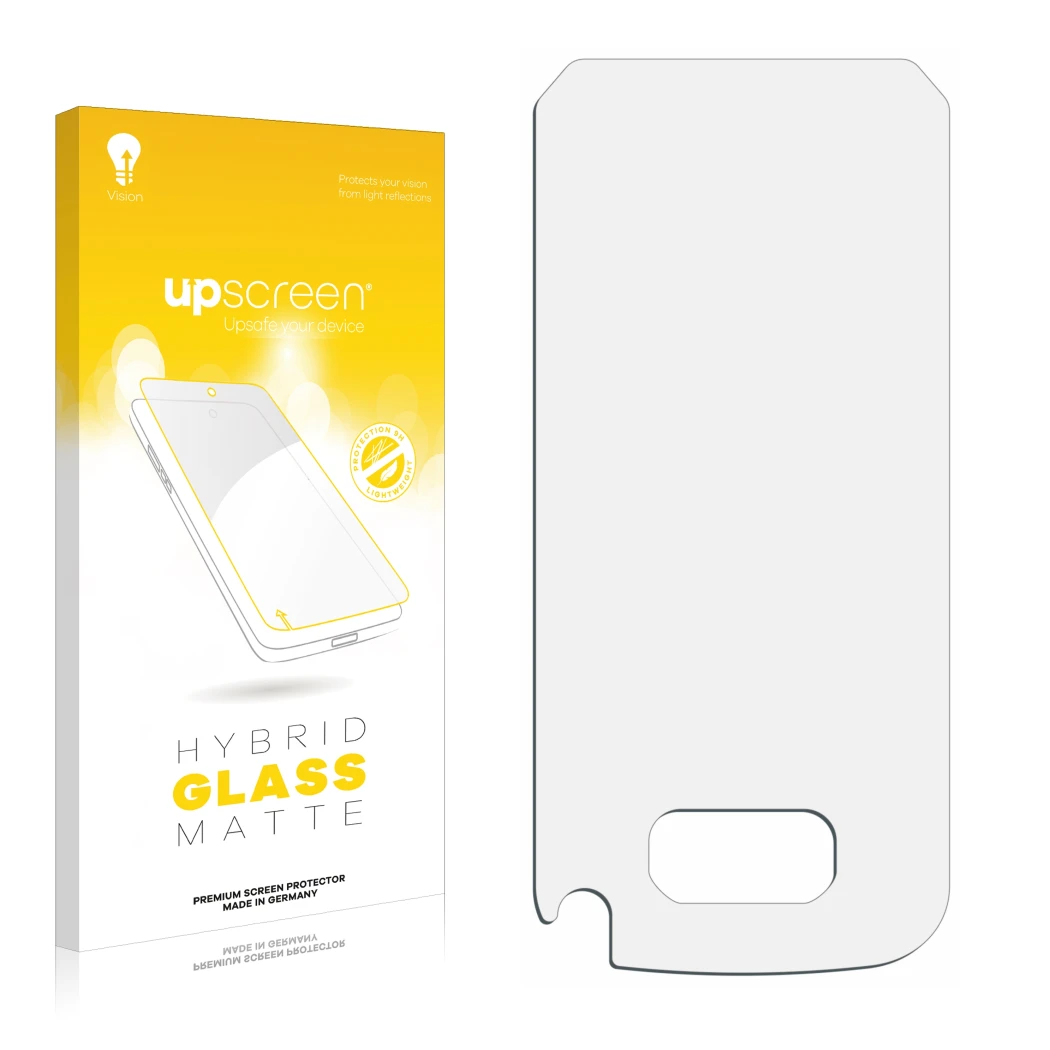 Face avant d’un emballage produit avec le logo de la marque upscreen. À côté se trouve la protection d’écran correspondante.