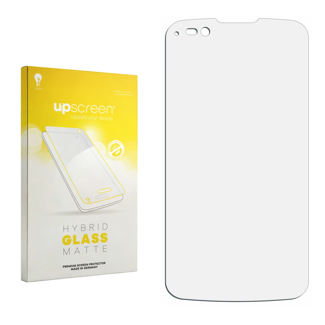 Face avant d’un emballage produit avec le logo de la marque upscreen. À côté se trouve la protection d’écran correspondante.